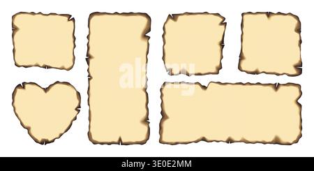 Burnt beige paper with fired edge, corner effect. Flame damaged vector page, old parchment round border with torn black ripped texture. Realistic ash Stock Vector