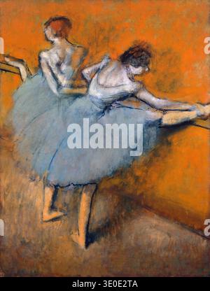 This impressionistic painting by Edgar Degas, titled "Dancers at the Barre," captures two ballerinas practicing a pose. Created between 1876 and 1877, the piece showcases Degas's masterful use of pastel to depict movement and the everyday life of dancers during the 19th century. Stock Photo