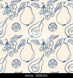 Vector seamless pattern with pears. Hand drawn blue textures. Seamless botanical pattern for paper, fabric, wallpaper, surface design Stock Vector