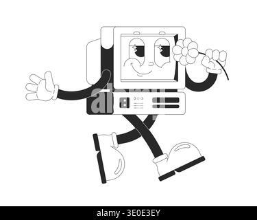 Playful old computer walking with daisy outline groovy mascot character Stock Vector
