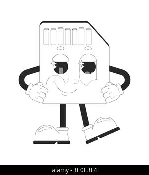 Smirking micro SD card outline groovy mascot character Stock Vector