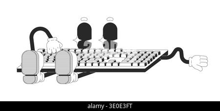 Computer keyboard typing outline groovy mascot character Stock Vector