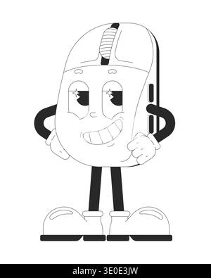 Confident computer mouse with hands on hips outline groovy mascot character Stock Vector