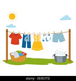 A colorful illustration of laundry drying on an outdoor clothesline under the sun, promoting energy-saving, sustainable, and eco-friendly housework. Stock Vector