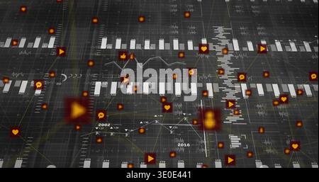 Displaying data dashboard showing white bars, jagged lines, tall histogram, glowing icons on grid Stock Photo