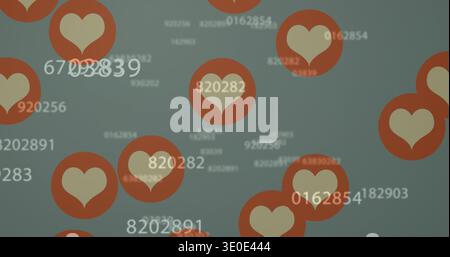 Displaying circular cream heart badges floating over muted gray-blue field, showing numeric strings Stock Photo