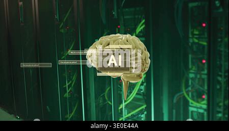 Floating golden brain hovering among server racks, displaying AI overlay, chat boxes, cables, LEDs Stock Photo