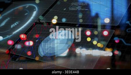 Displaying data overlay on smartphone-screen at city night street, with red-and-blue charts, +6 Stock Photo
