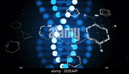 Displaying stylized DNA double helix glowing in digital grid backdrop, with molecular diagrams Stock Photo