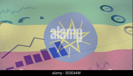 Displaying central blue circular emblem with yellow star on canvas showing tricolor data charts Stock Photo