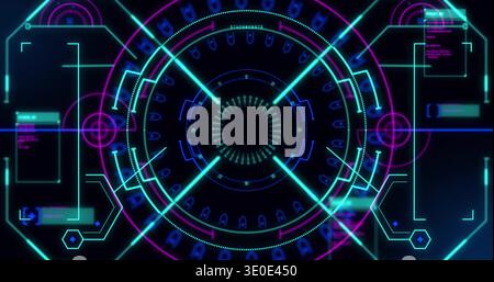Displaying HUD central ring projecting rings, radial beams, crosshair, side panels and hex nodes Stock Photo