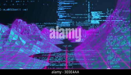 Displaying neon wireframe terrain with scrolling code in virtual cyberspace, glossy black channel Stock Photo