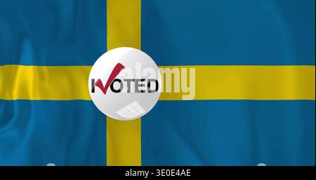 Displaying Swedish flag with white voting sticker centered over yellow cross, showing red checkmark Stock Photo