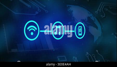 Displaying centered trio of connected icons Wi-Fi, music note, smartphone in digital UI, with HUD Stock Photo
