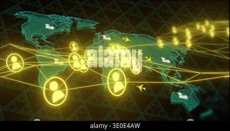 Displaying glowing network overlay with node icons and connecting lines on teal world map, planes Stock Photo