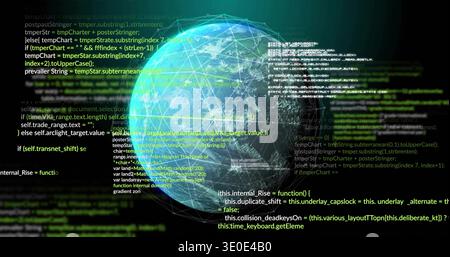 Glowing wireframe globe pulsing in virtual data network, showing floating code and nodes Stock Photo