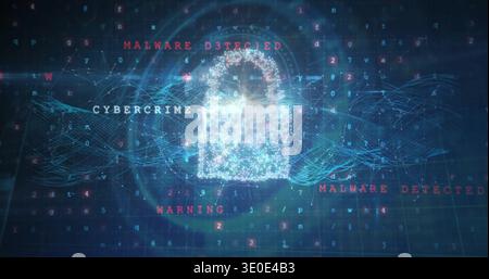 Glowing particle padlock hovering over cyber console, showing CYBERCRIME label and MALWARE warnings Stock Photo