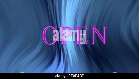Displaying neon pink OPEN sign glowing on digital banner, featuring abstract blue swirl background Stock Photo