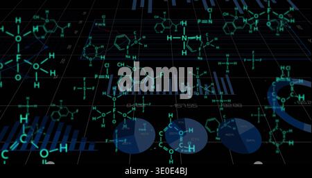 Displaying chemical data on dark grid, showing molecular diagrams, charts, readouts, element labels Stock Photo