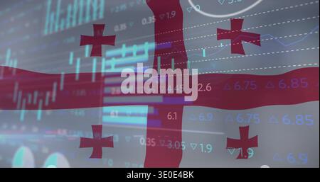 Displaying Georgian flag floating over onscreen trading display, showing candlesticks, line graphs Stock Photo