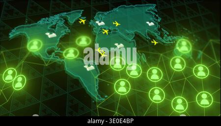 Displaying neon hologram map linking network on dashboard, showing green avatar nodes, flight icons Stock Photo