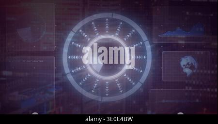 Animating central segmented circular HUD rotating within digital dashboard, with waveform panels Stock Photo