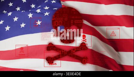 Displaying red skull-and-crossbones over United States flag, showing malware popups and binary code Stock Photo