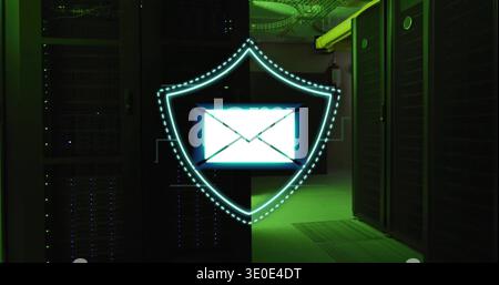 Glowing holographic shield hovering in data center aisle, with server racks and fire extinguisher Stock Photo