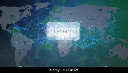 Displaying central Network box over world map, linking smartphone icon, waveforms, node points Stock Photo