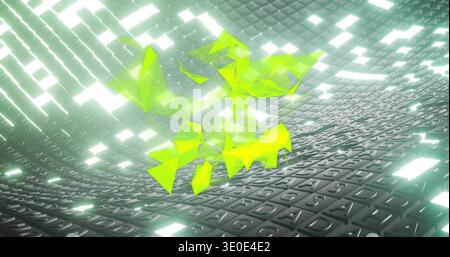 Floating neon chartreuse triangles hovering above curved tiled grid, embossed glyphs and lit panels Stock Photo