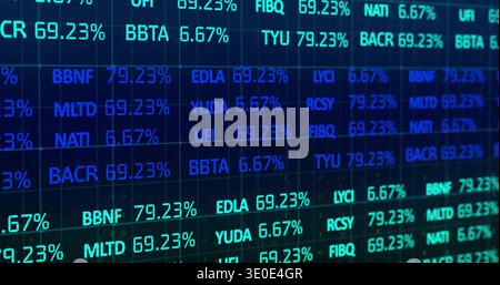 Displaying LED wall showing glowing tickers and percent values on trading floor, with grid lines Stock Photo