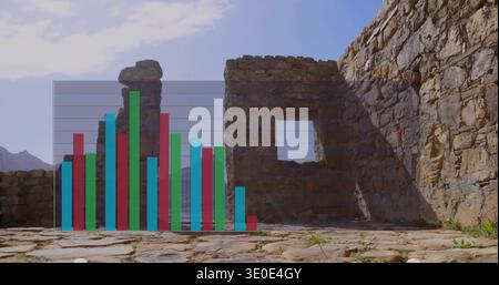 Showing weathered stone wall casting long shadow in sunlit ruin courtyard, with bar chart overlay Stock Photo