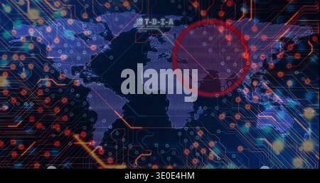 Displaying world map centering red highlight over East Asia on network dashboard, showing traces Stock Photo