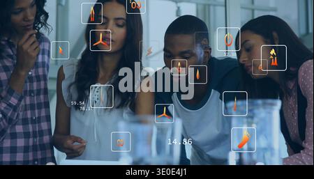 Leaning in colleagues in casual attire studying tablet in bright office, with glasses and HUD icons Stock Photo