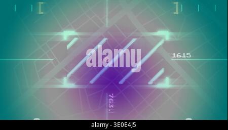 Displaying triangular HUD panel centered on virtual grid, showing five bars and circular marker Stock Photo