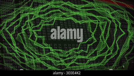 Green wireframe spiral tunnel rotating, forming concentric rings on dark screen with hex grid Stock Photo