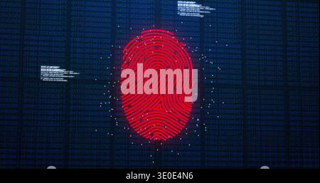 Dominating red fingerprint graphic glowing on virtual display, showing binary hex code, data nodes Stock Photo