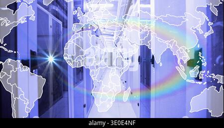 Showing central server aisle glowing under blue purple lights in data center, with world map Stock Photo