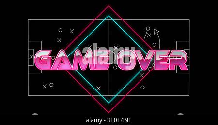 Displaying 3D pink GAME OVER text glowing on black screen, showing neon diamond and soccer pitch Stock Photo