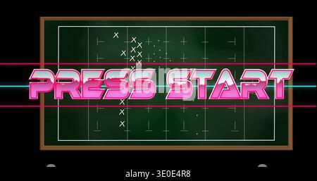 Displaying neon PRESS START over wooden-framed chalkboard in gaming set, with X marks and streaks Stock Photo