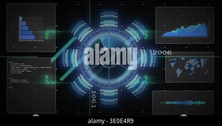 Displaying central circular HUD rotating on virtual console, showing bar chart, map, waveform, code Stock Photo