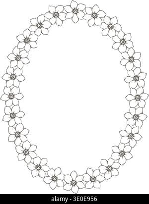 Oval wreath with white flower and copy space in vintage style. Hand drawn vector outline decorative festive design. Graphic drawing ideal for Easter card template. Perfect for spring holiday season. Stock Vector