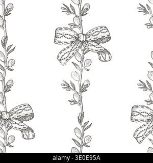 Vertical striped seamless pattern with willow and lace bow black and white background. Hand drawn vector design in vintage sketch style. Outline print ideal for wallpaper or holiday fabric and paper. Stock Vector