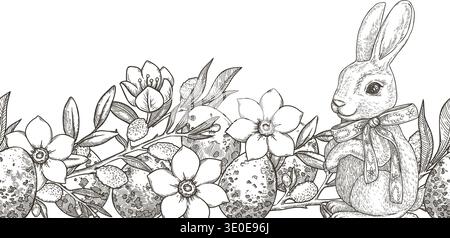 Easter seamless border with cute bunny and quail eggs in vintage sketch style. Hand drawn vector design of flower and grass. Graphic print ideal for card template. Perfect for spring holiday season. Stock Vector