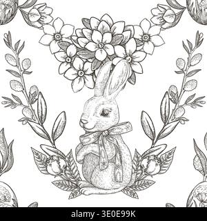 Easter seamless pattern with cute bunny and floral garland black and white background. Hand drawn vector design in vintage sketch style. Outline print ideal for wallpaper or holiday fabric and paper. Stock Vector