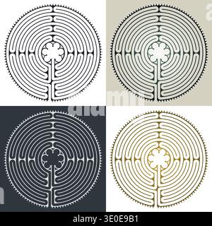 4 Patterns Labyrinth Cathedral of Chartres Illustration Vector - Symbolism Meditation History - Floral Motif - Sacred Geometry Golden Colors Stock Vector