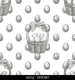 Easter seamless pattern with quail eggs basket black and white background. Hand drawn vector staggered design in vintage sketch style. Outline print ideal for wallpaper or holiday fabric and paper. Stock Vector
