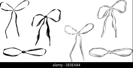 Set of hand drawn ribbon bows with long tails. Decorative vector line illustration isolated on white background. Elegant bow elements for gift Stock Vector
