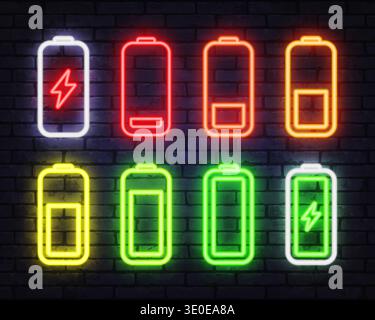 Set of neon battery icons showing different charge levels and lightning symbol. Bright colorful energy indicators glowing on dark brick wall Stock Vector