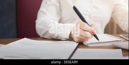 Young successful woman writing notes while sitting in office Stock Photo